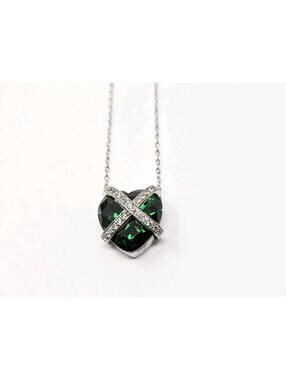 Elegant 925 Sterling Silver Heart-Shaped Green Stone & CZ Pendant Necklace